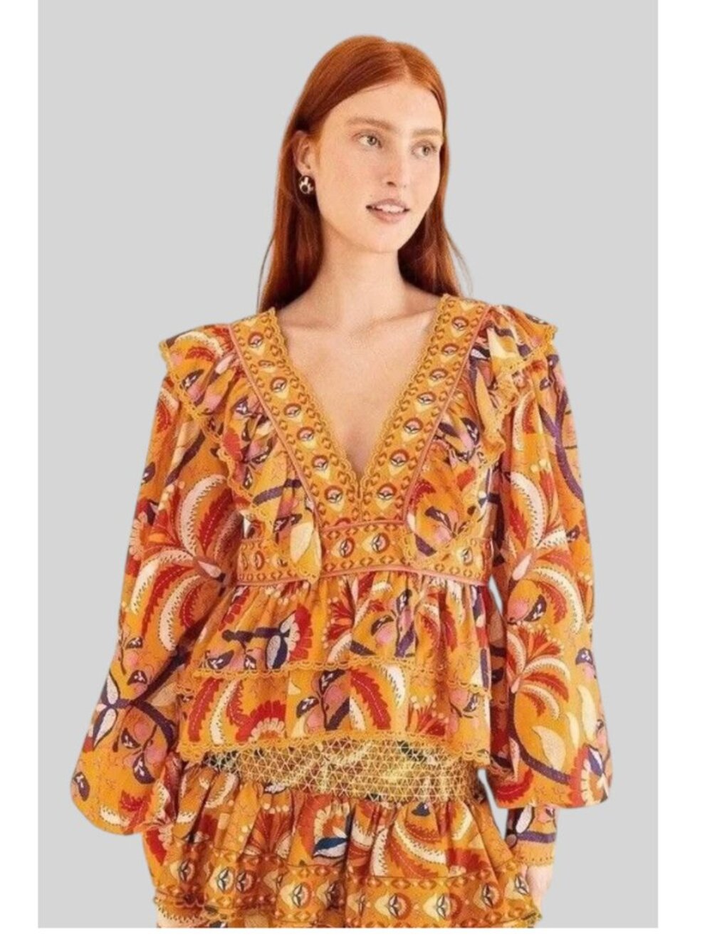 FARM RIO Palms Party print blouse sz XS cotton ruffles